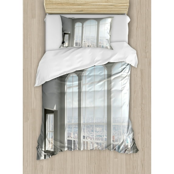 Ambesonne Urban Duvet Cover Sets, Sunset in New York City, 2-Twin, White and Eggshell