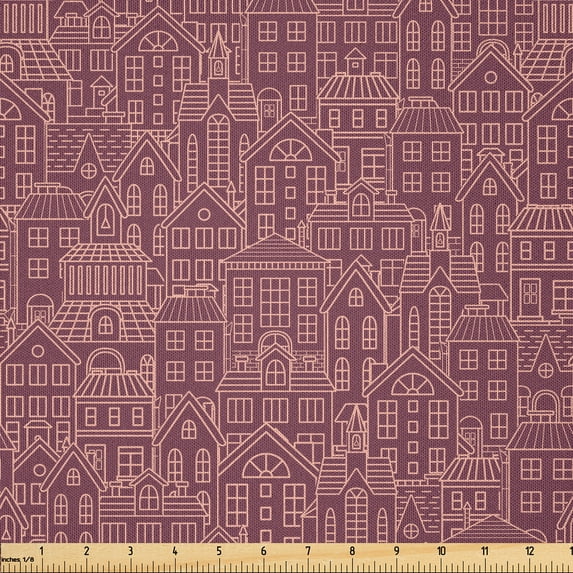 Ambesonne Urban Fabric by the Yard Microfiber, Retro Town House Drawings, 5 Yards, Dried Rose and Pastel Brown