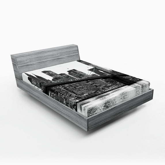 Ambesonne Urban Fitted Sheet 2 Pcs Set, Brooklyn Bridge Sunset, King, Black and White