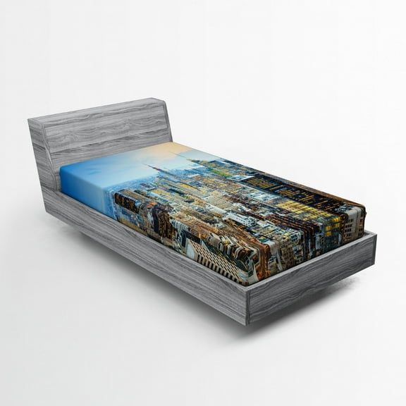 Ambesonne Urban Fitted Sheet, Aerial View New York City, Twin XL Size, Grey Blue Peach