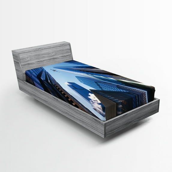 Ambesonne Urban Fitted Sheet, American City Landscape, Twin Size, Blue Grey