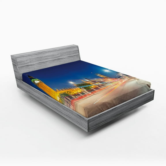 Ambesonne Urban Fitted Sheet, Big Ben Westminster UK, Full Size, Blue Grey Yellow