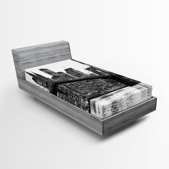 Ambesonne Urban Fitted Sheet, Brooklyn Bridge Sunset, Twin XL Size, Black and White