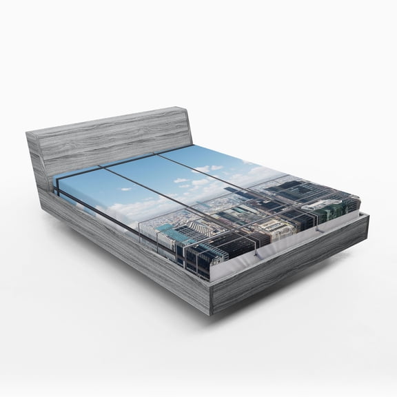 Ambesonne Urban Fitted Sheet, City Modern Landscape, Queen Size, Grey White Blue