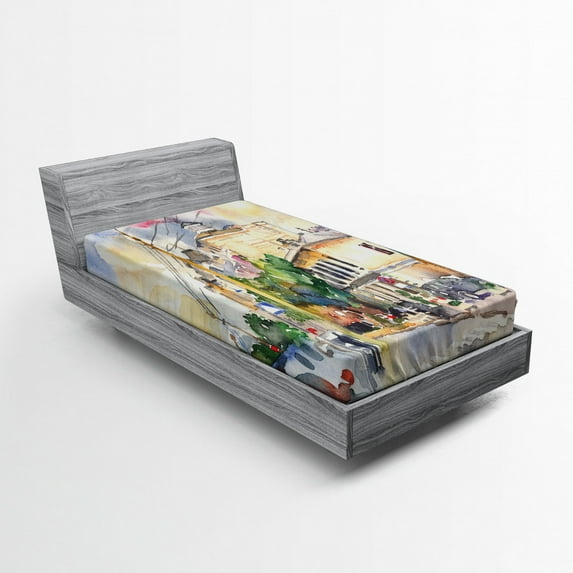 Ambesonne Urban Fitted Sheet, City Street Watercolors, Twin XL Size, Multicolor