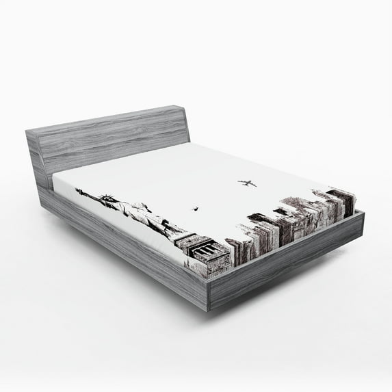 Ambesonne Urban Fitted Sheet, Cityscape of New York, Full Size, White and Grey