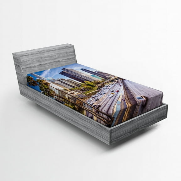 Ambesonne Urban Fitted Sheet, Downtown Los Angeles USA, Twin Size, Blue Grey Green