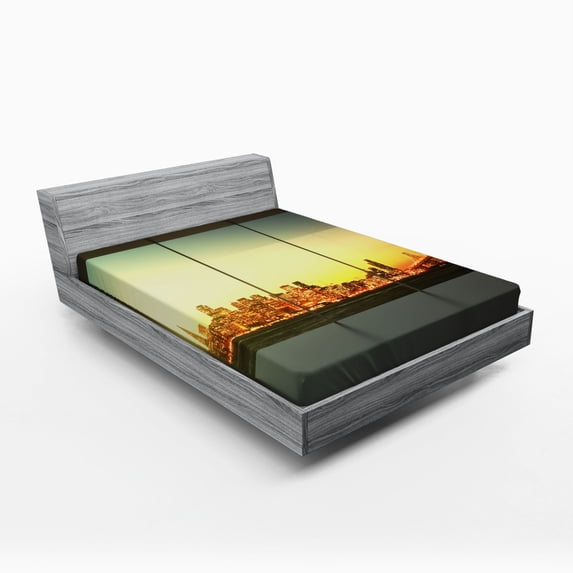 Ambesonne Urban Fitted Sheet, Empty Office Sunset View, Full Size, Orange Grey Green