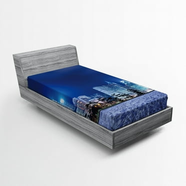 Ambesonne Urban Fitted Sheet, Hong Kong Skyline Night, Twin XL Size, Purplegrey Royal Blue