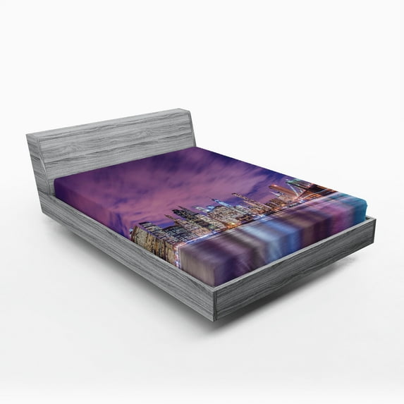 Ambesonne Urban Fitted Sheet, New York City Landmarks, King Size, Violet Purple