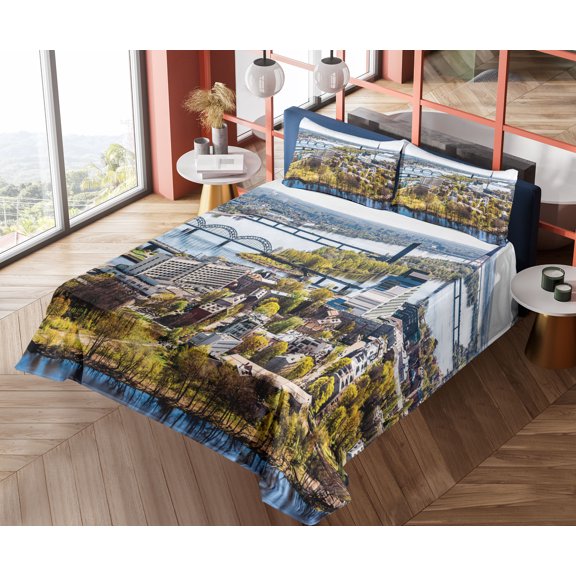 Ambesonne Urban Fitted & Top Sheet Set with Shams, View of Old Riga City, Multicolor