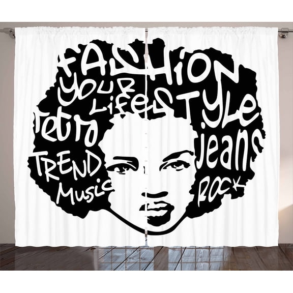Ambesonne Urban Graffiti Curtains 2 Panel Set, Afro Hair Art, 108" x 96", White Black