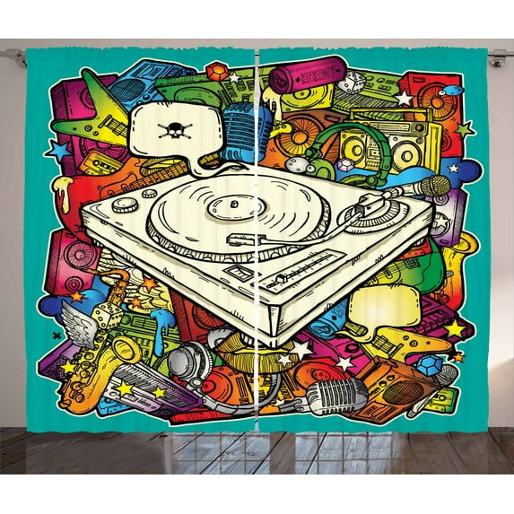 Ambesonne Urban Graffiti Curtains 2 Panel Set, Cube Microphone, 108" x 84", Multicolor