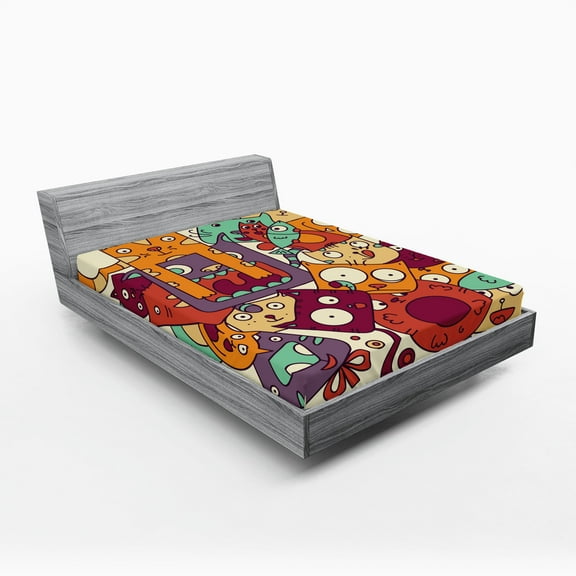Ambesonne Urban Graffiti Fitted Sheet 2 Pcs Set, Absurd Doodle, Full, Multicolor