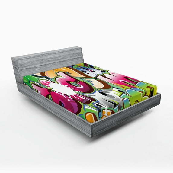 Ambesonne Urban Graffiti Fitted Sheet 2 Pcs Set, Throwie Style, Queen, Multicolor