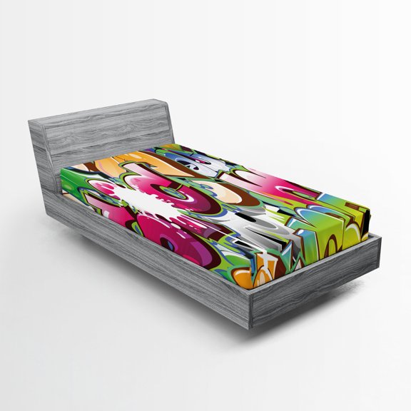 Ambesonne Urban Graffiti Fitted Sheet 2 Pcs Set, Throwie Style, Twin XL, Multicolor