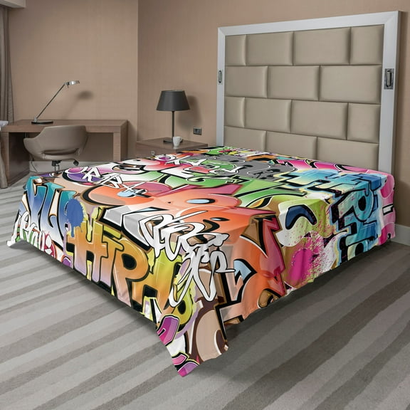 Ambesonne Urban Graffiti Flat Sheet, Blockbuster Tags, Queen Size, Multicolor