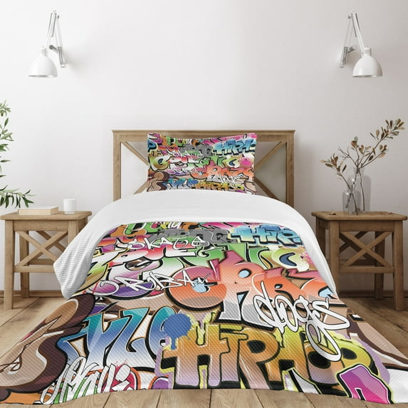 Ambesonne Urban Graffiti Quilted Bedspread Set 2 Pcs, Blockbuster Tags, Twin Size, Multicolor
