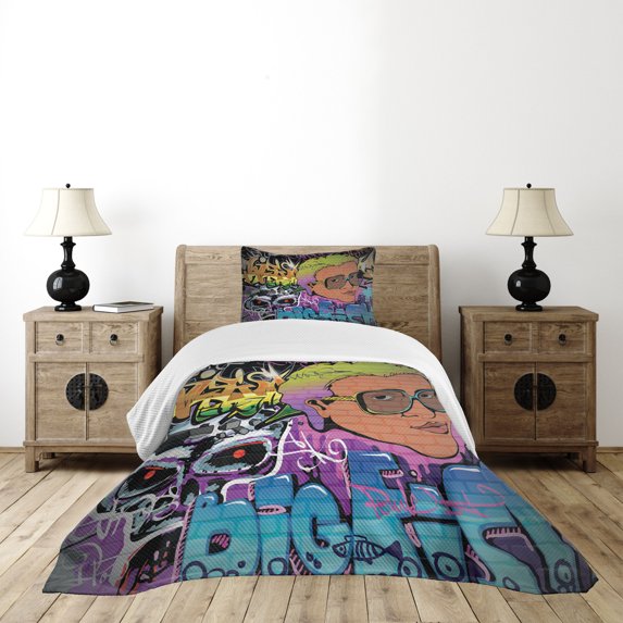 Ambesonne Urban Graffiti Quilted Bedspread Set 2 Pcs, Hip Hop Design, Twin Size, Multicolor
