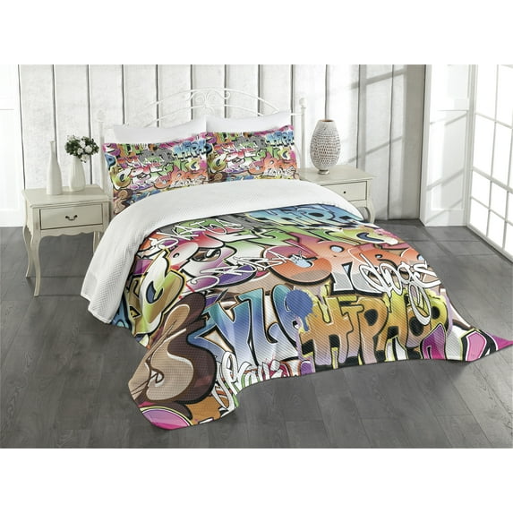 Ambesonne Urban Graffiti Quilted Bedspread Set 3 Pcs, Blockbuster Tags, Queen Size, Multicolor