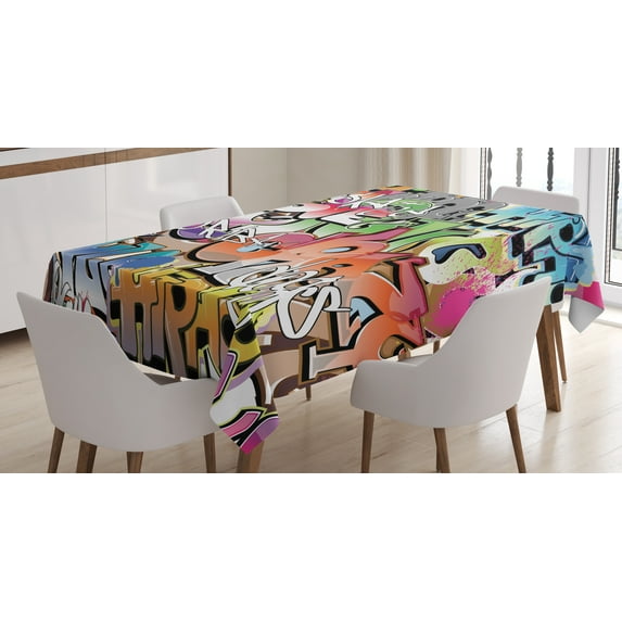 Ambesonne Urban Graffiti Tablecloth Rectangular Table Cover, Blockbuster Tags, 60"x90", Multicolor