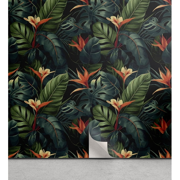 Ambesonne Urban Jungle Peel & Stick Wallpaper for Home, Exotic Leaves Monstera, 13"x72", Green Teal Burnt Sienna