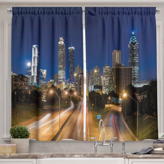 Ambesonne Urban Kitchen Curtains, Atlanta Skyline Twilight, 55"x39", Multicolor