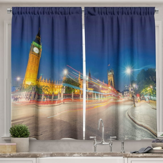Ambesonne Urban Kitchen Curtains, Big Ben Westminster UK, 55"x45", Blue Grey Yellow