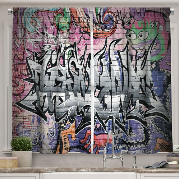 Ambesonne Urban Kitchen Curtains, Graffiti Grunge Wall Art, 55"x30", Multicolor