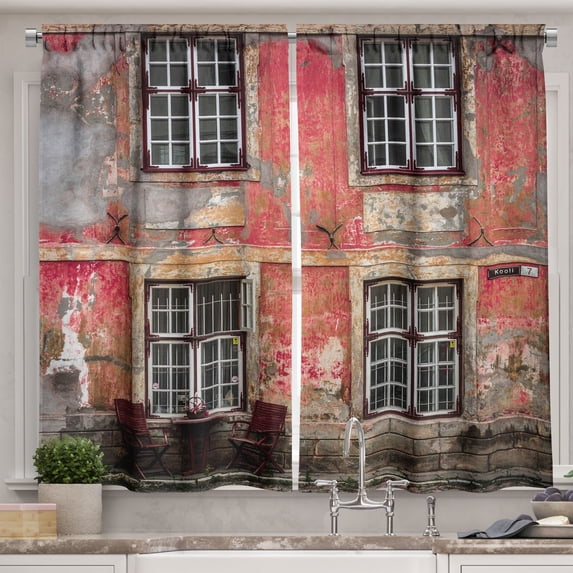 Ambesonne Urban Kitchen Curtains, Medieval European Nordic, 55"x39", Pale Orange Burgundy