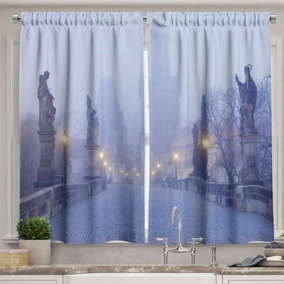 Ambesonne Urban Kitchen Curtains, Morning Print Prague Streets, 55"x45", Mustard and Lavender Blue