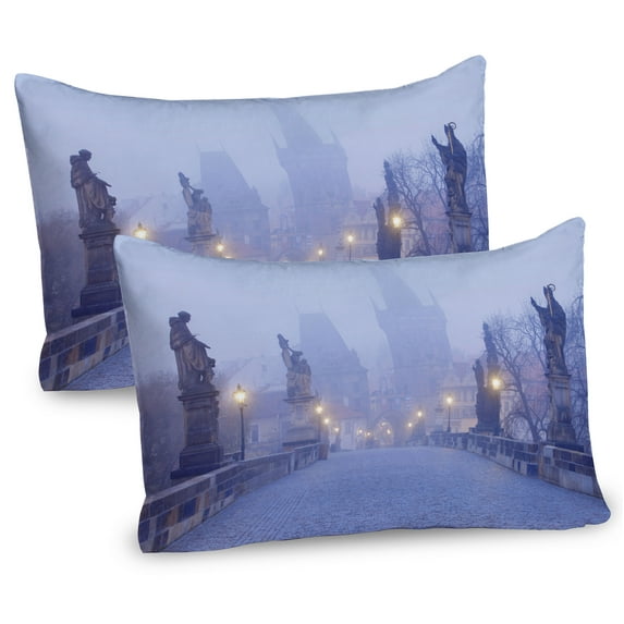 Ambesonne Urban Pillow Sham 2 Pack, Morning Print Prague Streets, 26"x20", Mustard and Lavender Blue