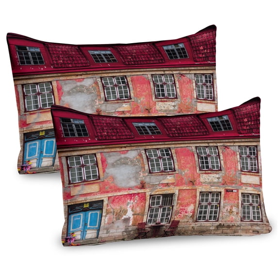 Ambesonne Urban Pillow Sham 2 Pack, Old City Tallinn Estonia, 26"x20", Ruby Pink Sky Blue