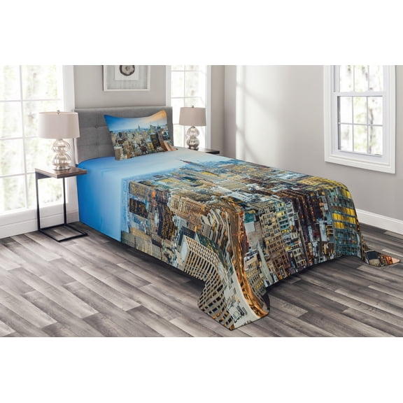 Ambesonne Urban Quilted Bedspread Set 2 Pcs, Aerial View New York City, Twin Size, Grey Blue Peach