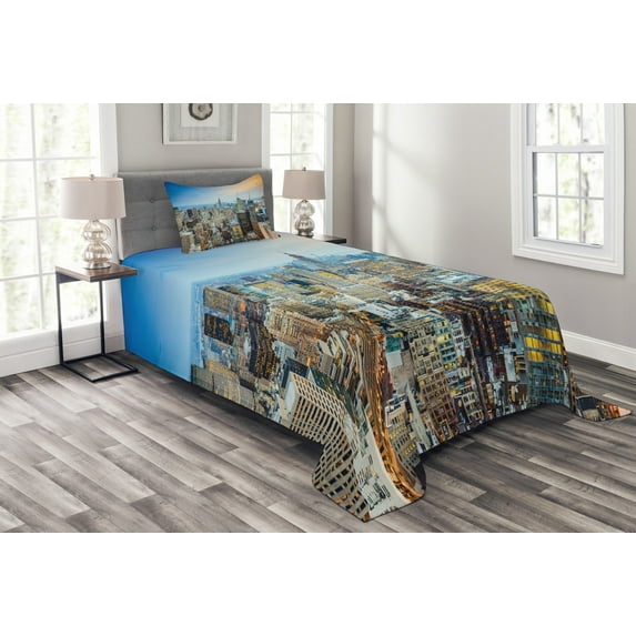 Ambesonne Urban Quilted Bedspread Set 2 Pcs, Aerial View New York City, Twin Size, Grey Blue Peach