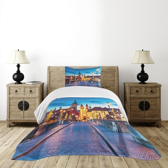 Ambesonne Urban Quilted Bedspread Set 2 Pcs, Bavaria Germany Bridge, Twin Size, Multicolor