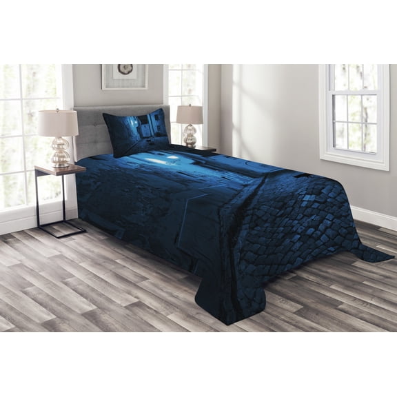 Ambesonne Urban Quilted Bedspread Set 2 Pcs, Black Cat Deserted Street, Twin Size, Blue Black White