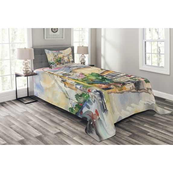 Ambesonne Urban Quilted Bedspread Set 2 Pcs, City Street Watercolors, Twin Size, Multicolor