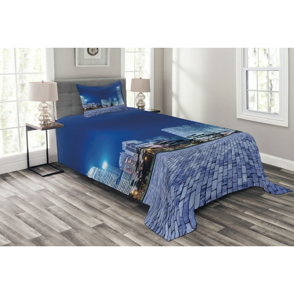 Ambesonne Urban Quilted Bedspread Set 2 Pcs, Hong Kong Skyline Night, Twin Size, Purplegrey Royal Blue