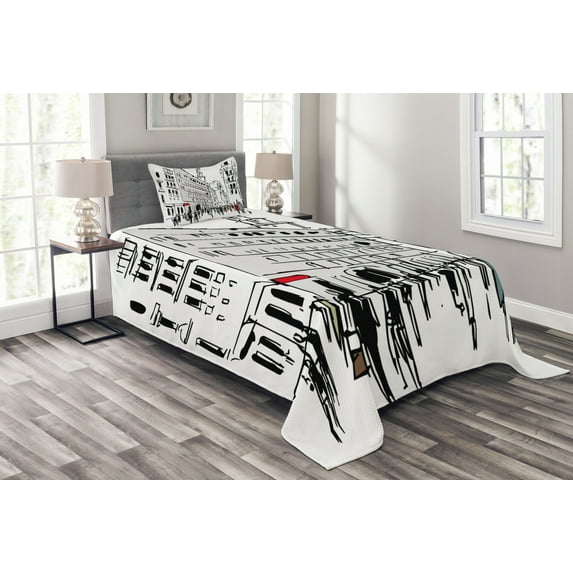 Ambesonne Urban Quilted Bedspread Set 2 Pcs, Ink Cityscape Street View, Twin Size, Grey Black White
