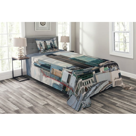 Ambesonne Urban Quilted Bedspread Set 2 Pcs, London Modern Cityscape, Twin Size, Multicolor