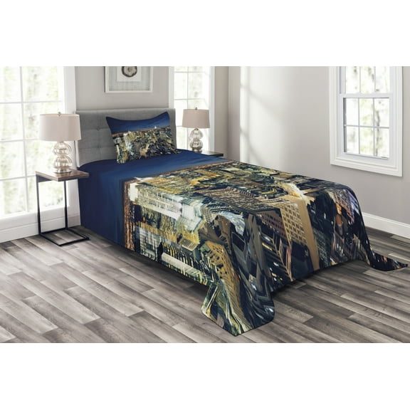 Ambesonne Urban Quilted Bedspread Set 2 Pcs, Modern Cityscape at Night, Twin Size, Yellow Tan Dark Blue