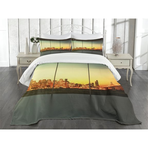 Ambesonne Urban Quilted Bedspread Set 3 Pcs, Empty Office Sunset View, Queen Size, Orange Grey Green