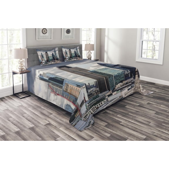Ambesonne Urban Quilted Bedspread Set 3 Pcs, London Modern Cityscape, King Size, Multicolor