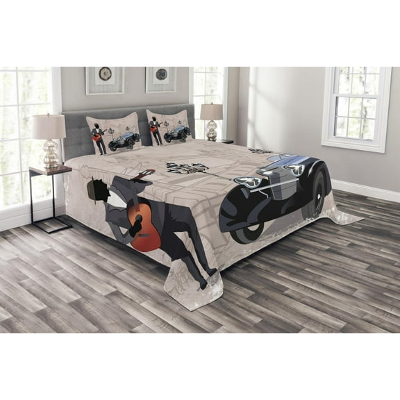 Ambesonne Urban Quilted Bedspread Set 3 Pcs, London and Paris Streets, King Size, Warm Taupe Black