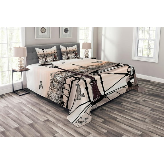 Ambesonne Urban Quilted Bedspread Set 3 Pcs, Music Accordionist Paris, Queen Size, Peach Brown