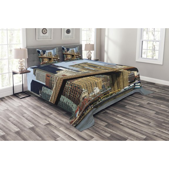 Ambesonne Urban Quilted Bedspread Set 3 Pcs, Skyline of Brooklyn NYC, Queen Size, Multicolor