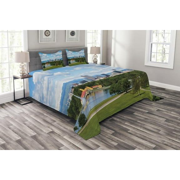 Ambesonne Urban Quilted Bedspread Set 3 Pcs, Sunny City Park at Denver, Queen Size, Sky Blue Fern Green