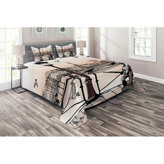 Ambesonne Urban Quilted Coverlet 3 Pcs, Music Accordionist Paris, Queen Size, Peach Brown