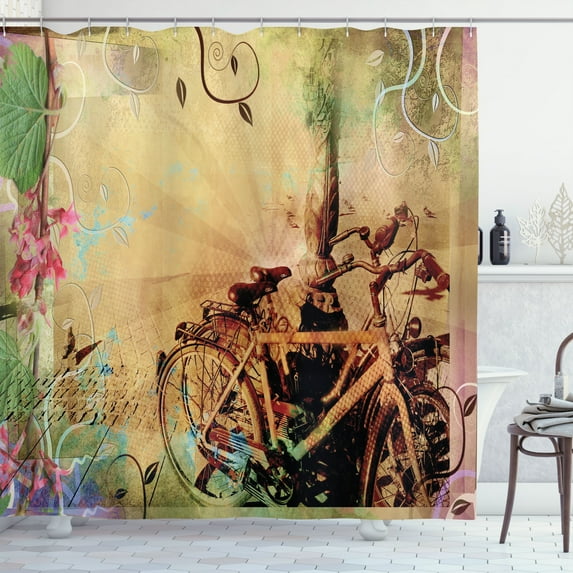 Ambesonne Urban Shower Curtain, Bikes in Street Floral, 69"Wx75"L, Multicolor